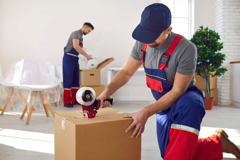 Young,Worker,In,Uniform,Holding,Packing,Duct,Tape,Gun,Roller